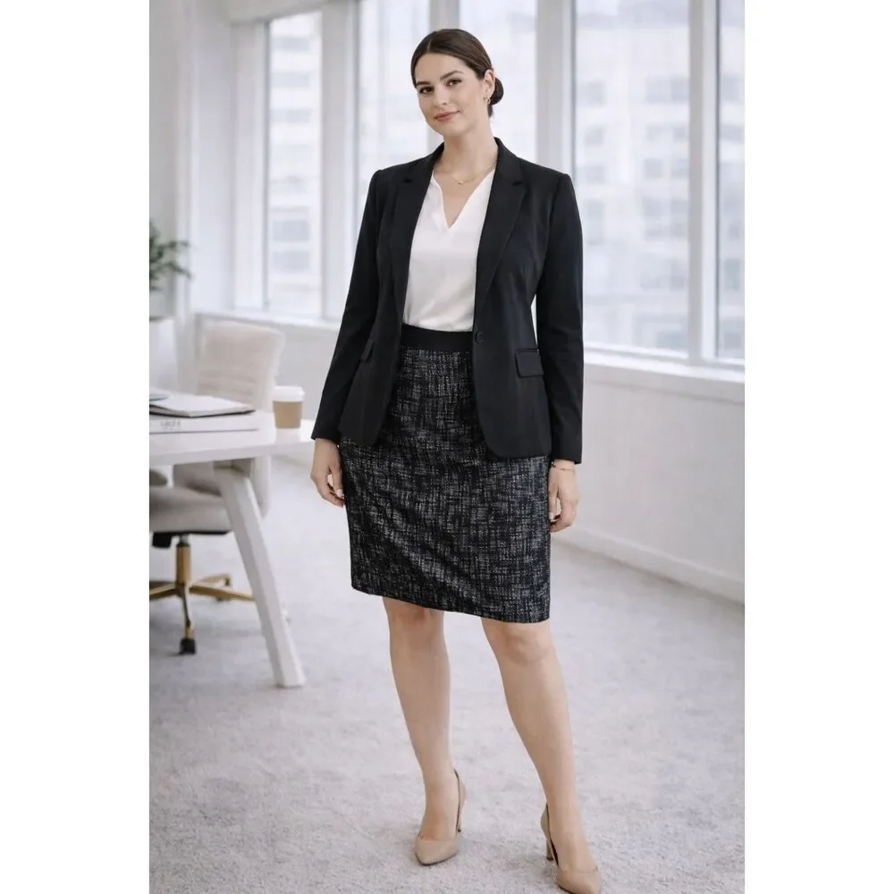 Tweed Linen Blend Talbots Skirt Black Belted Carer Workwear 12